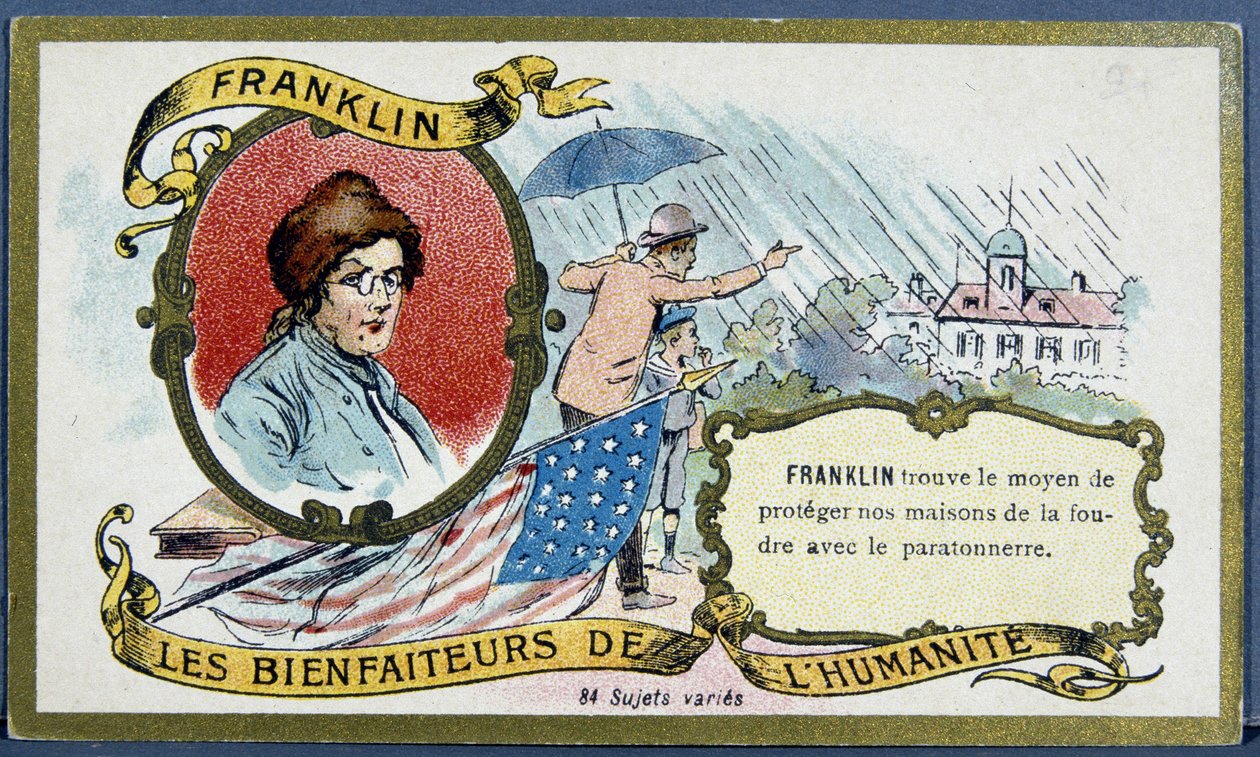 Benjamin Franklin, yhdysvaltalainen poliitikko ja fyysikko (1706-1790) ja salamanjohto - kromo., deb. 20. vuosisata tekijältä French School