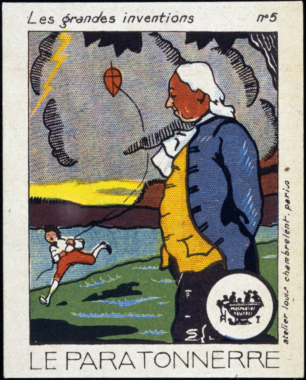 Benjamin Franklin, yhdysvaltalainen poliitikko ja fyysikko (1706-1790) ja salamanvarsi (leijan kokemus) - Label, Deb. 20. vuosisata tekijältä French School