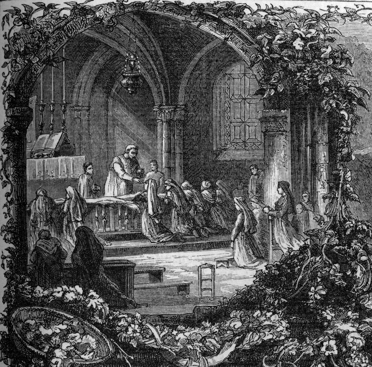 Bernadette Soubirous (1844-1879) ensimmäisen ehtoollisen aikana. 1800-luvulla (vuoden 1858 jälkeen). Kaiverrus Henri Lasserren "" Notre Dame de Lourdes -kirjaan". tekijältä French School