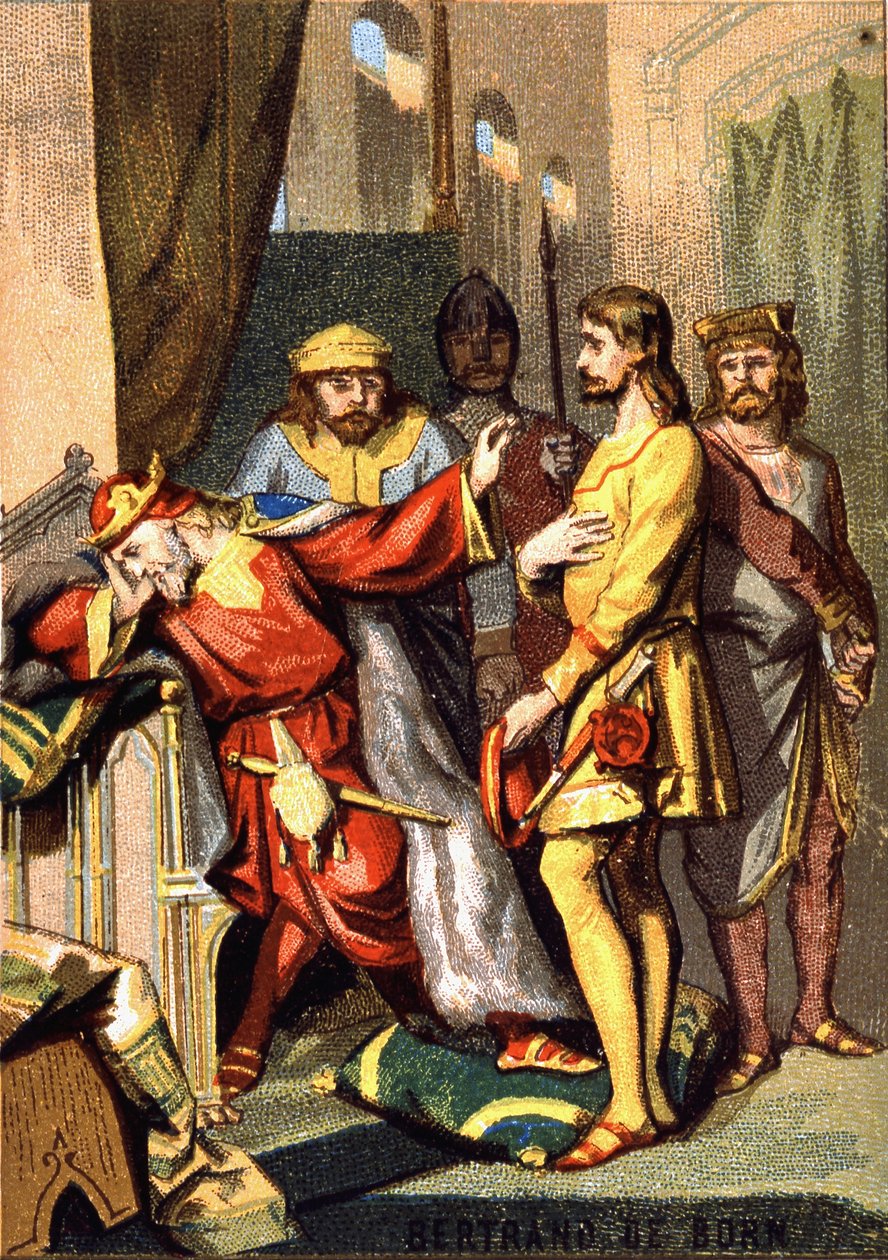 Bertran (Bertrand) de Born (1140 - 1215) trubaduuri Perigordin, Hautefortin herra, ennen Englannin Henrik II:ta (1133 - 1189). Kromolitografia sarjasta "" Isänmaallinen kasvatus kuvan kautta"". tekijältä French School