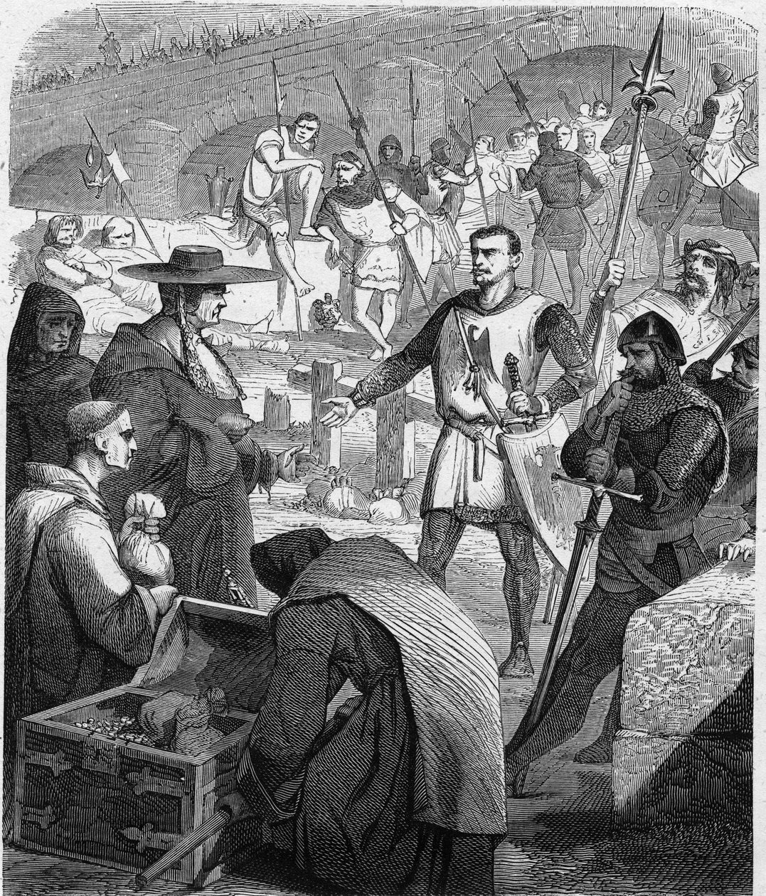Bertrand du Guesclin (Duguesclin) (v.1320-1380) connetable Ranskasta kieltäytyy vastaanottamasta rahaa Avignonin asukkailta. Kaiverrus Paul Lehugeurin Histoire De France En Centin maalauksiin 1891. tekijältä French School