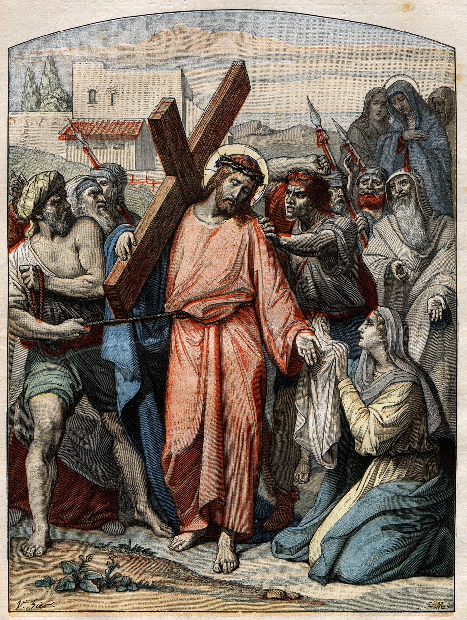 Raamatun kohtaus - Ristin tie: Pyhä Veronica pyyhkii Jeesuksen kasvot. Kaiverrus "" Le Pelerin" -kirjassa 20. syyskuuta 1896. tekijältä French School