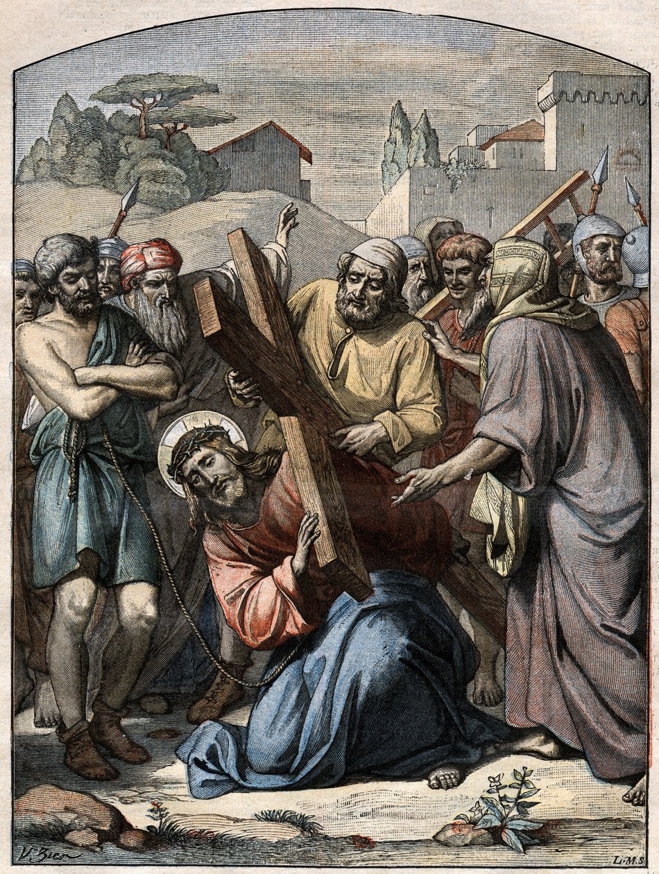 Raamatun kohtaus - Ristin tie: Jeesus auttaa Simon Kyrenelaista (Kyrenelainen). Kaiverrus "" Le Pelerin" -kirjassa 13. syyskuuta 1896. tekijältä French School