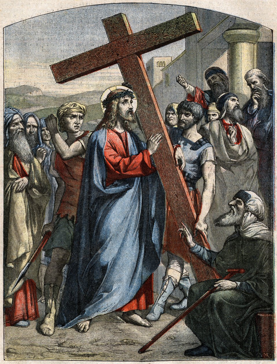 Raamatun kohtaus - Ristin tie: Jeesus on ristin taakka. Kaiverrus "" Le Pelerin" -kirjassa 3. toukokuuta tekijältä French School