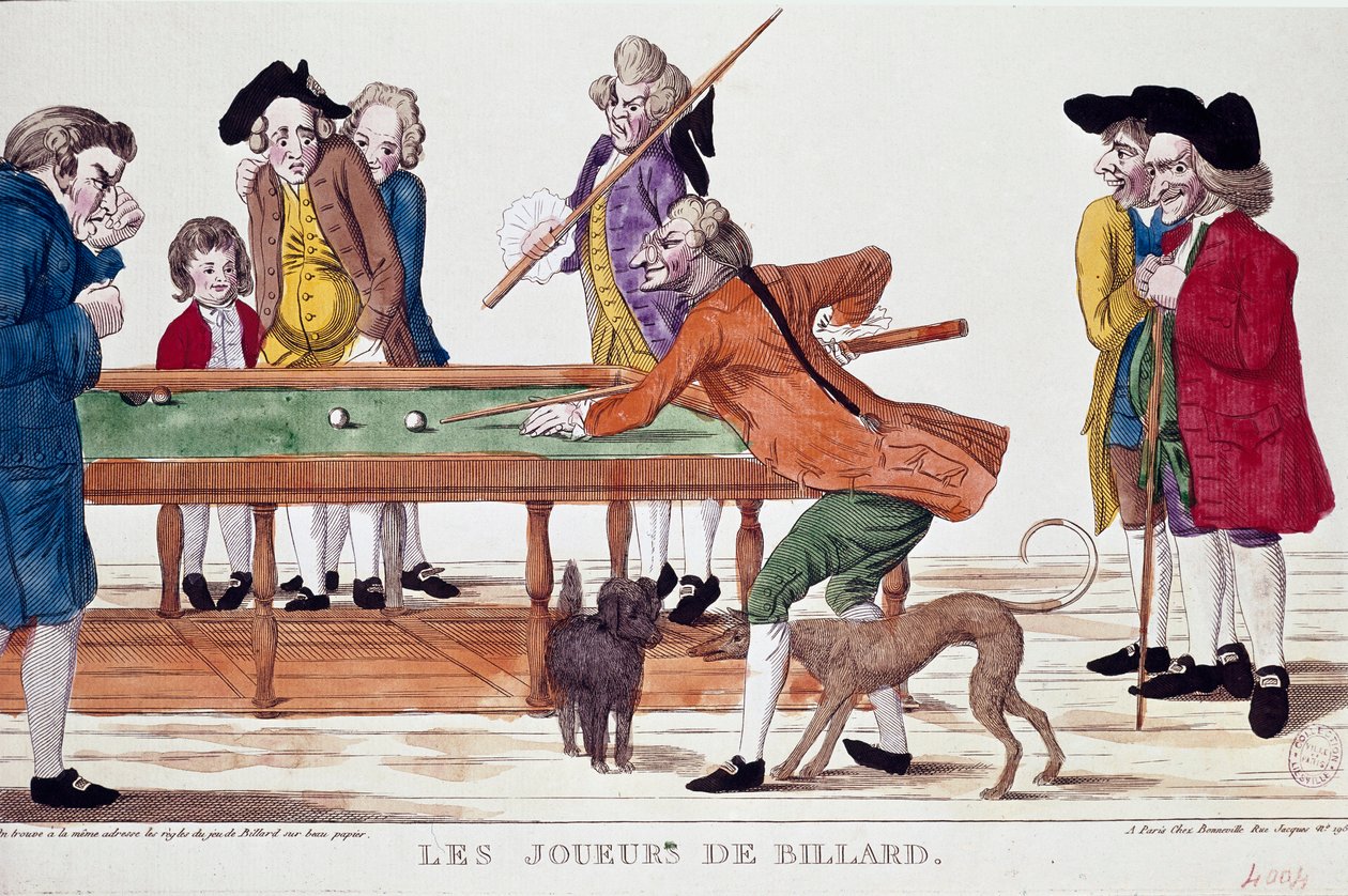 Biljardinpelaajat (vallankumouskalenterin vuoden 8 termidor) (1800). Pilapiirros. Vallankumouskauden ranskalaisen koulukunnan värikaiverrus. Pariisi, Musee Carnavalet tekijältä French School