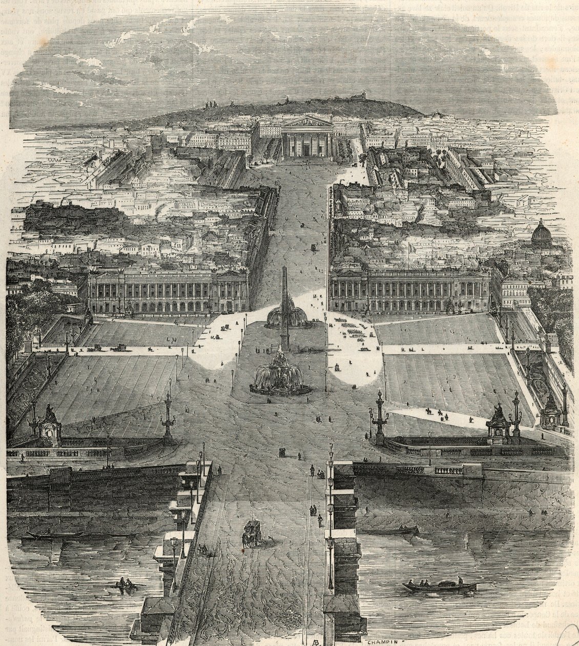 Lintunäkymä Place de la Concordelle, rue Royalelle ja Madeleinen kirkko - Edmond Texierin kaiverrus "Tableau-de-Paris" 1852 tekijältä French School