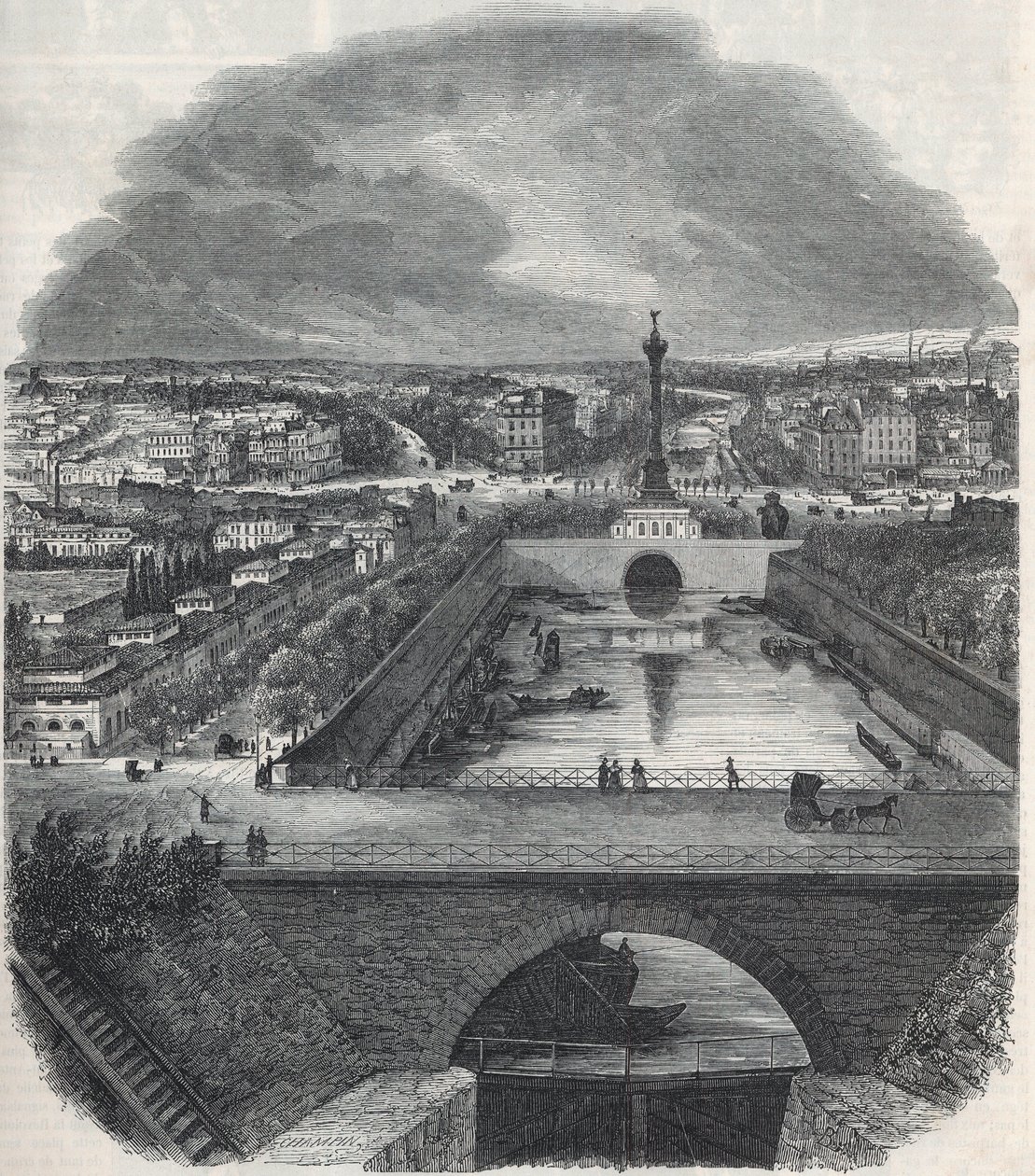 Lintunäkymä Saint-Martinin kanavalle (Saint Martin), Placelle ja Bastillen alueelle, otettu Seinen oikealta rannalta - Edmond Texierin kaiverrus "Tableau-de-Paris" 1852 tekijältä French School