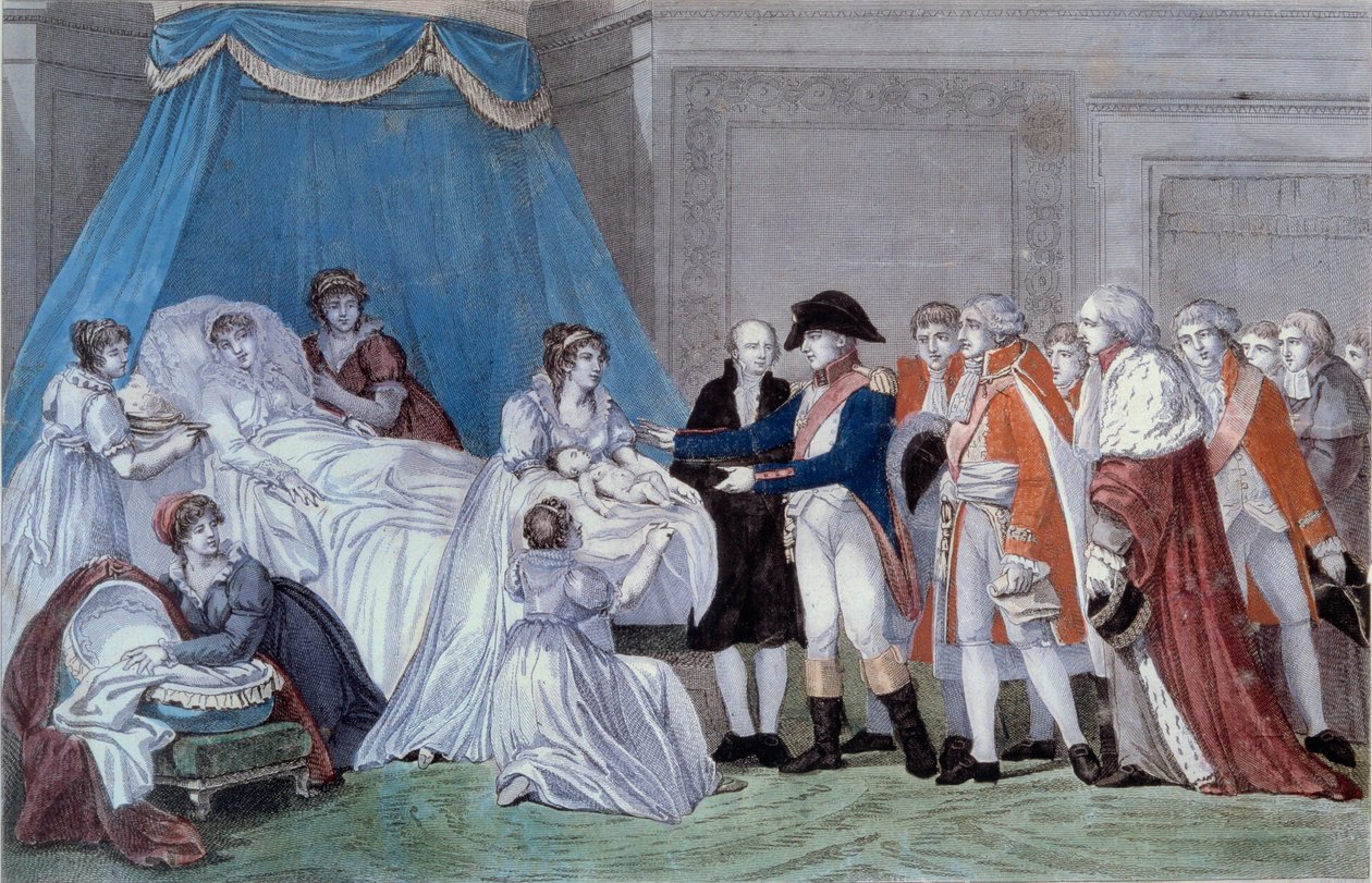 Rooman kuninkaan Napoleon II:n syntymä (Francois Charles Joseph Napoleon Bonaparte) (1811-1832): keisari Napoleon I:n (1769-1821) pojan syntymätodistuksen seremonia Palais des Tuileriesissa 20.3.1811. Kaiverrus 1800-luvulta. Ile d