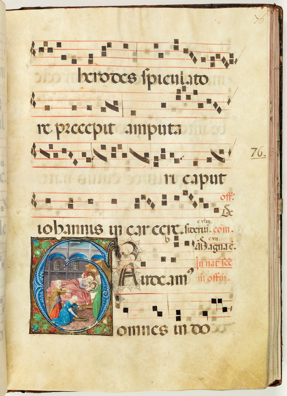 Neitsyen syntymä, asteittainen, f.76 (muste, tempera ja kultalehti pergamentissa) tekijältä French School