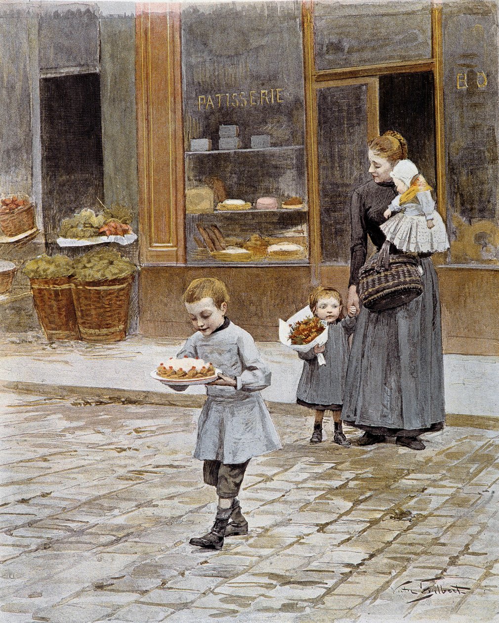 Syntymäpäivä Pieni poika tulee ulos konditorialiikkeestä pitäen kakkuaan käsissään. 1800-luvun Pariisin litografia, koristetaide tekijältä French School