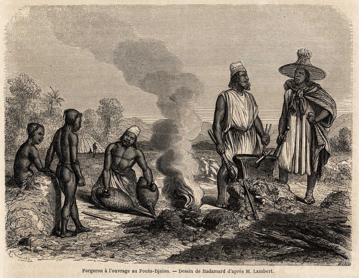 Seppällä on Hadamardin piirustus Fouta Djalonissa (Senegal), havainnollistamaan luutnantti Lambertin matkaa Fouta Djaloniin vuonna 1860. Kaiverrus "" Le tour du monde"" 1861. Selvan kokoelma. tekijältä French School