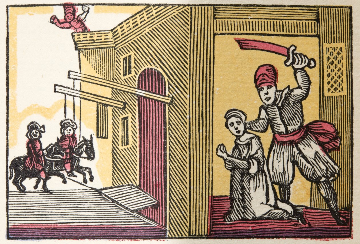 Blue Beard from Histories or Tales of Past Times, kertoo Mother Goose, With Morals, M Perrault, pub. 1925 (käsinvärinen puupalikkaprintti) tekijältä French School