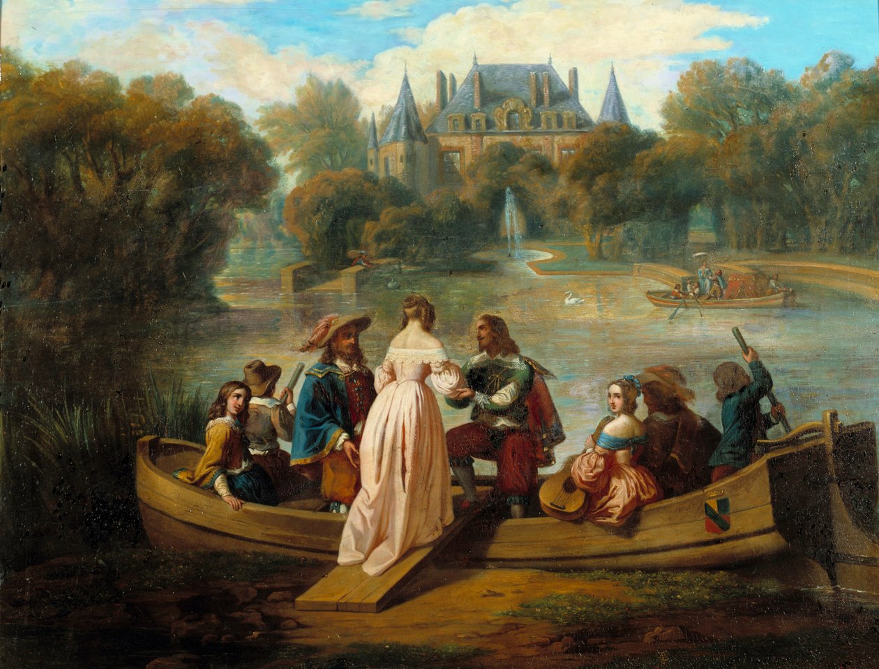 Veneretki linnan järvellä 1600-luvun ranskalaisen koulun maalaus. Yksityinen kokoelma tekijältä French School