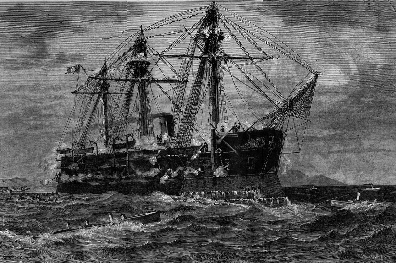 Torpedoveneiden hyökkäämä venelaiva (1800-luku). Kaiverrus Pierre Emile de Crisenoyn (1800-luku) maalauksen jälkeen teoksessa "The Illustrous World" nro 1220 14. elokuuta tekijältä French School