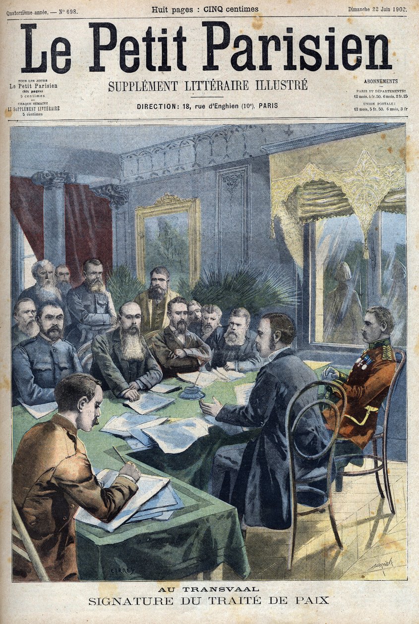 Buurien sota. Transvaalin rauhansopimuksen allekirjoittaminen buuripäälliköiden ja brittikenraali Horatio Herbert Kitchenerin (1850-1916) välillä Pretoriassa, Etelä-Afrikassa. Kaiverrus "" Le Petit Parisien"" tekijältä French School