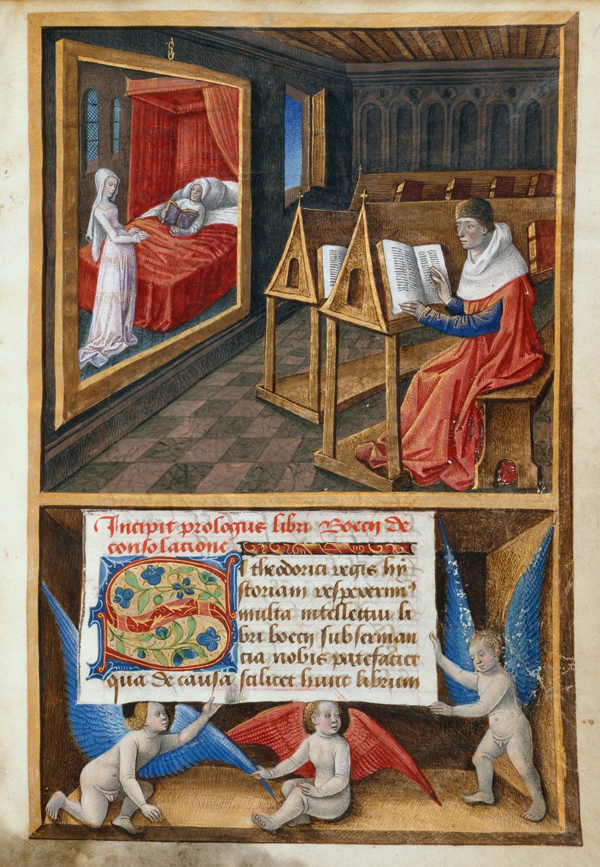 Boethius ja filosofia, esimerkki teoksesta "Filosofian lohdutus" tekijältä French School