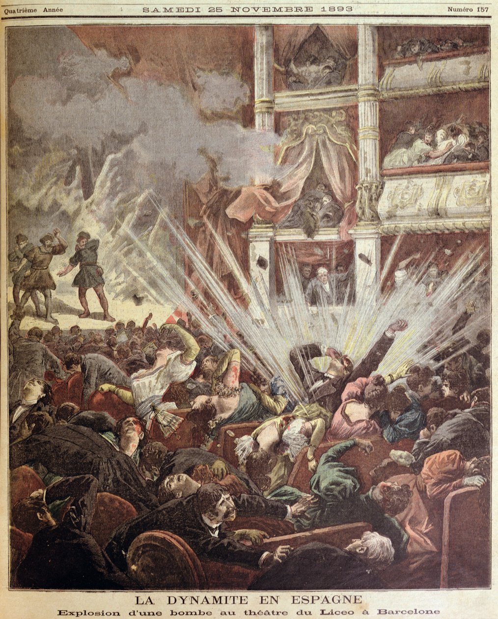 Pommiräjähdys Liceu-teatterissa Barcelonassa, kuva Le Petit Journalista, 25. marraskuuta 1893 tekijältä French School