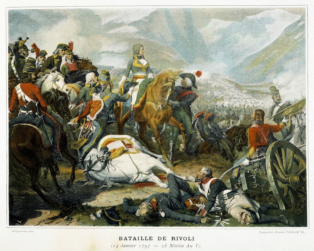 Bonaparte (keskellä) voiton jälkeen itävaltalaisia Rivolin taistelussa (Italia) 14. tammikuuta tekijältä French School
