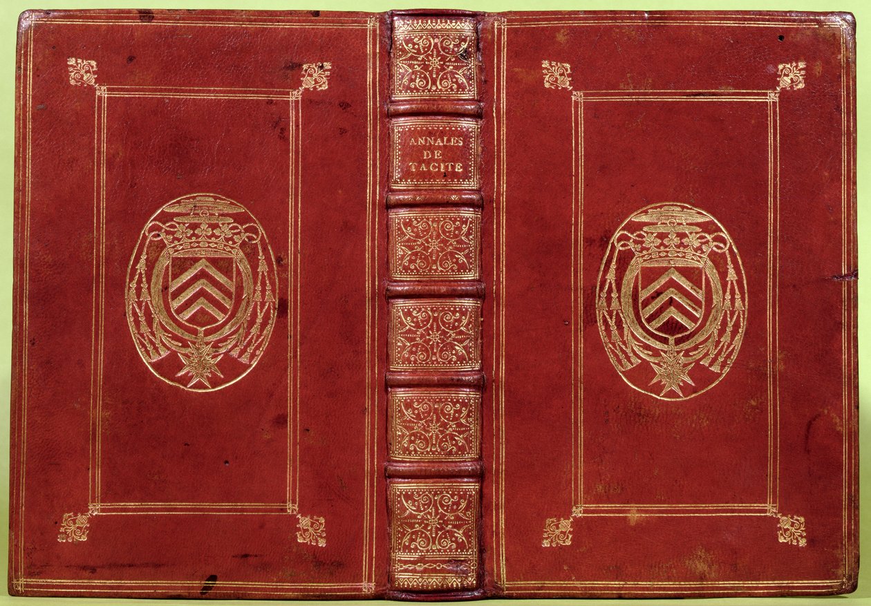 Annals of Tacitus -kirjan kansi, jossa on Armand-Jean du Plessisin vaakuna, kardinaali Richelieu (1585-1642) (punainen nahka ja kulta) tekijältä French School