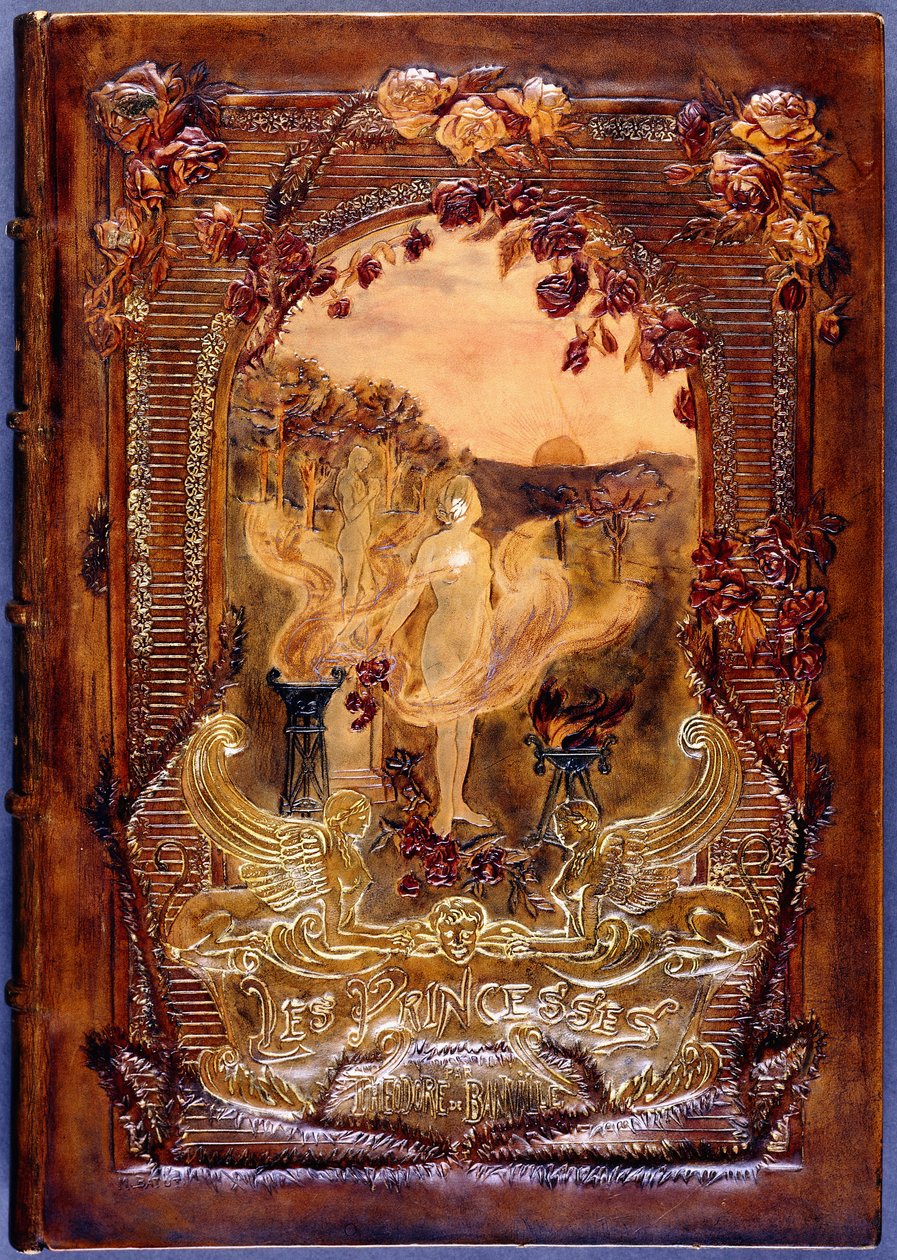 Kirjan kansi, jossa naispuolinen alastonnainen levittää ruusuja maisemassa, 1904 tekijältä French School