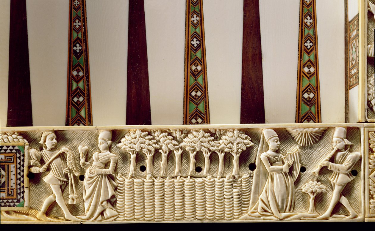 Backgammon-laudan reunus, joka kuvaa rakastajaparia, 1415 tekijältä French School
