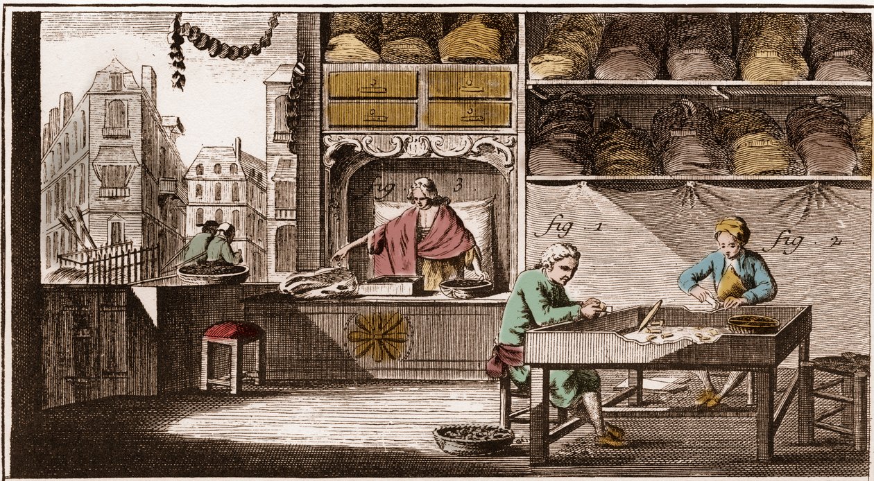 Bouchonnier, korkkitulppien valmistus - "" La Grande Encyclopédie, ou Dictionnaire Raisonne des Sciences, des Arts et des Metiers" (ensyklopedia tai tieteiden, taiteiden ja ammattien sanakirja), kirjoittaneet Denis Diderot (1713-1784) ja Jean d