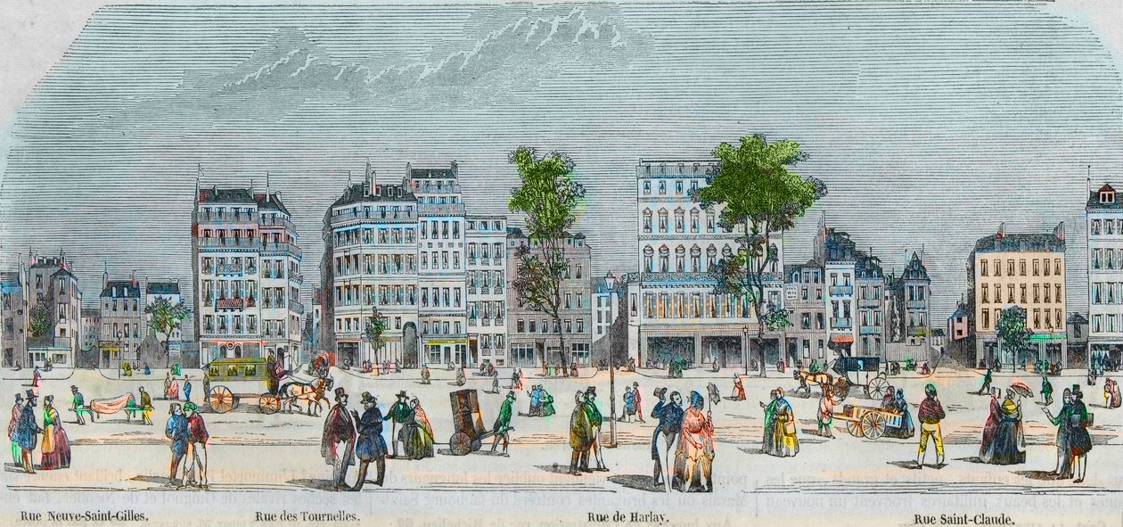 Boulevard Beaumarchais eteläpuoli - rue Neuve-Saint-Gilles - rue des Tournelles - rue de Harlay - rue Saint-Claude - Kaiverrus "Tableau-de-Paris" Edmond Texier 1852 tekijältä French School