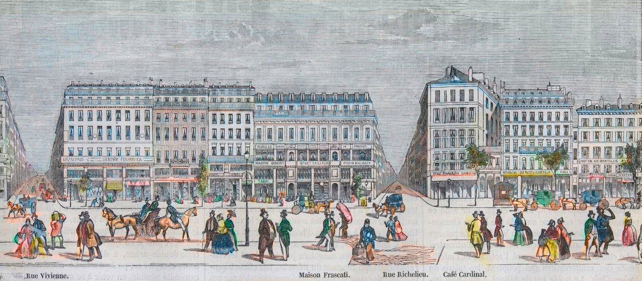 Boulevard Montmartre eteläpuolella ja boulevard des Italiens eteläpuolella - Rue Vivienne - Maison Frascati - Rue Richelieu - Cafe Cardinal - Kaiverrus "Tableau-de-Paris" Edmond Texier 1852 tekijältä French School
