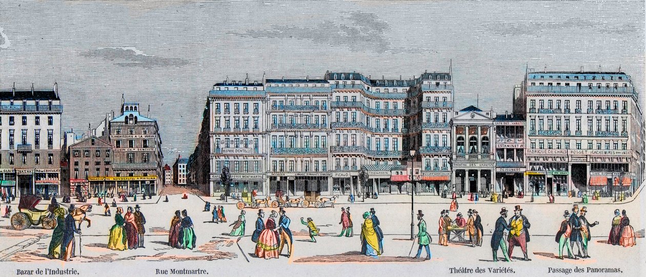Boulevard Poissonniere ja Boulevard Montmartre - teollisuusbasaari - Rue Montmartre - Theater des Varietes ja passage des Panoramas - Kaiverrus "Tableau-de-Paris" Edmond Texier 1852 tekijältä French School