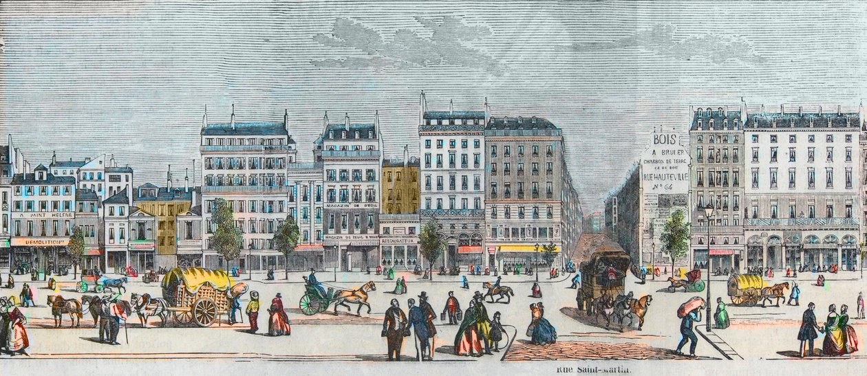 Boulevard Saint-Denis eteläpuoli - Rue Saint Martin - Kaiverrus "Tableau-de-Paris" Edmond Texier 1852 tekijältä French School