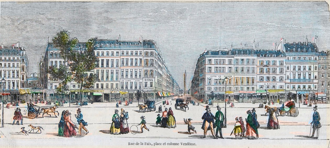 Boulevard des Capucines (etelärannikko) - Rue de la Paix, paikka ja Vendome-pylväs - Kaiverrus "Tableau-de-Paris" Edmond Texier 1852 tekijältä French School