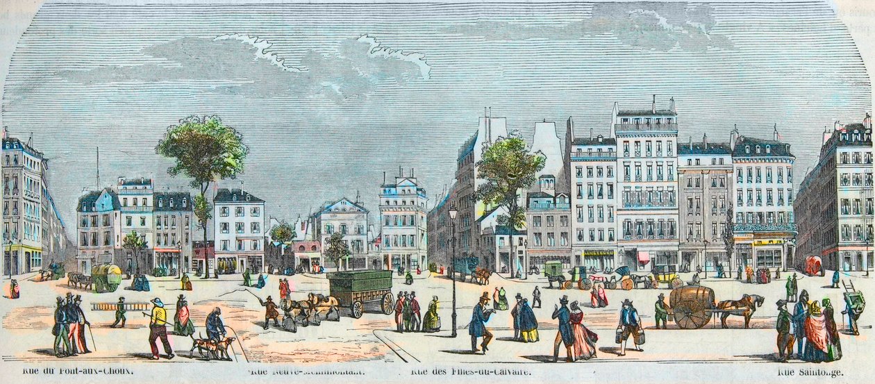 Boulevard des Filles du Calvaire ja Boulevard du Temple - Rue Pont aux Choux - Rue des Filles-du-Calvaire - Rue Saintonge - Kaiverrus "Tableau-de-Paris" Edmond Texier 1852 tekijältä French School