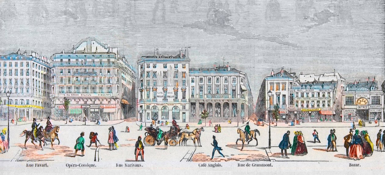 Boulevard des Italiens eteläpuoli - Rue Favart - Opera comique - Rue Marivaux - englantilainen kahvila - Rue Grammont - basaari - Kaiverrus "Tableau-de-Paris" Edmond Texier 1852 tekijältä French School