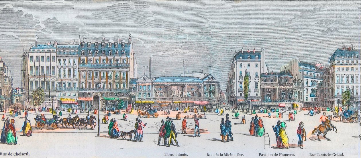 Boulevard des Italians eteläpuoli ja Boulevard des Capucines eteläpuoli - rue de Choiseul - kiinalaiset kylpylät - rue de la Michodiere - Pavillon de Hanover - rue Louis-le-Grand - Kaiverrus "Tableau-de-Paris" Edmond Texier 1852 tekijältä French School