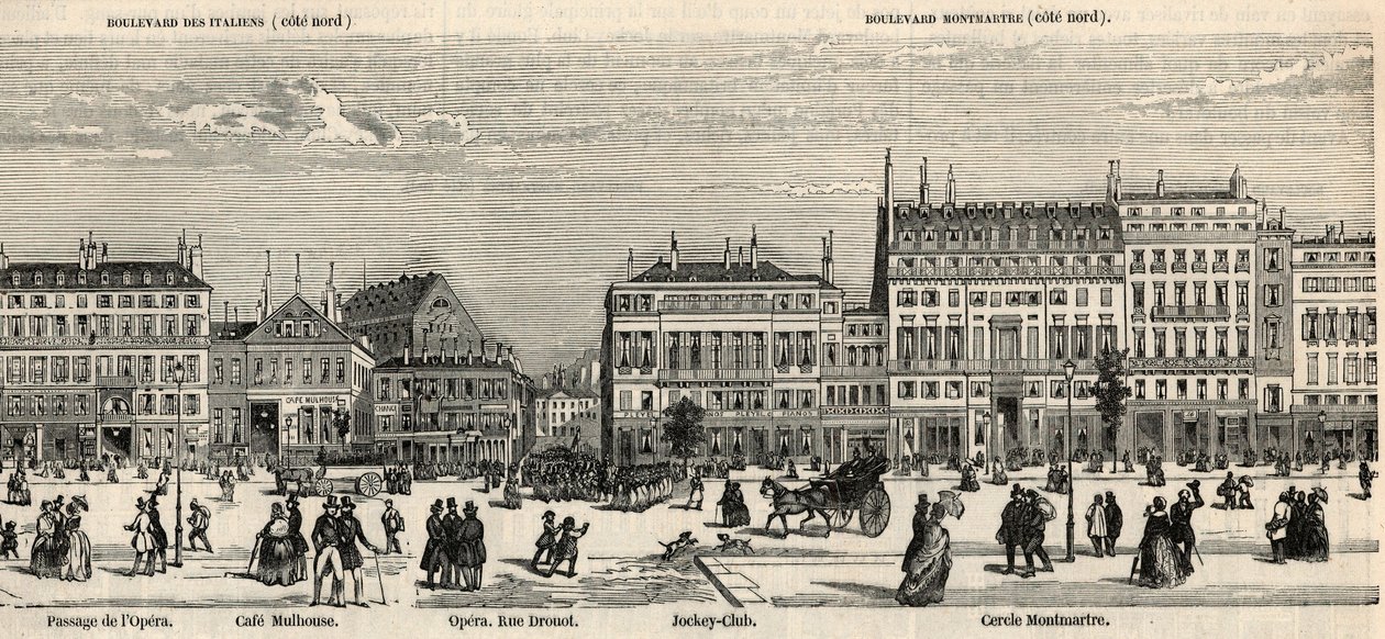 Boulevard des Italiens ja Boulevard Montmartre - Cafe Mulhouse - Cercle Montmartre - Jockey club - Kaiverrus "Tableau-de-Paris" Edmond Texier 1852 - tekijältä French School