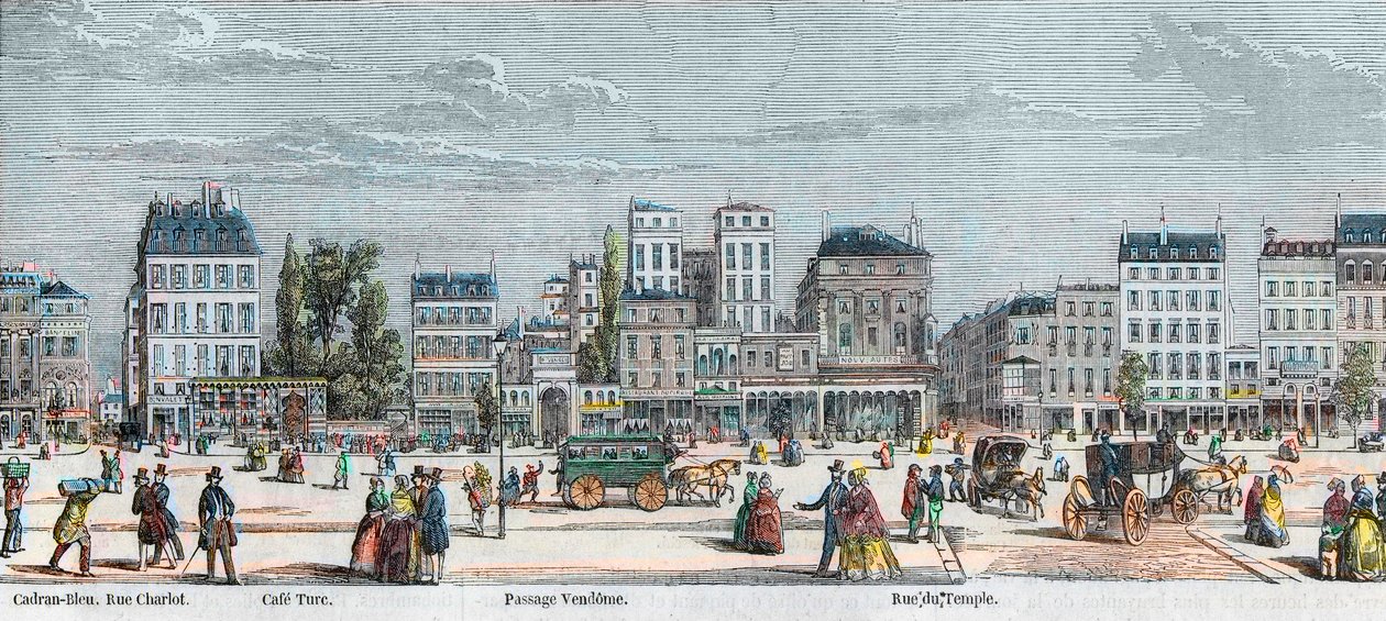 Boulevard du Temple eteläpuoli - Rue Charlot - Cafe Turk - Passage Vendome - Rue du Temple - Kaiverrus "Tableau-de-Paris" Edmond Texier 1852 tekijältä French School