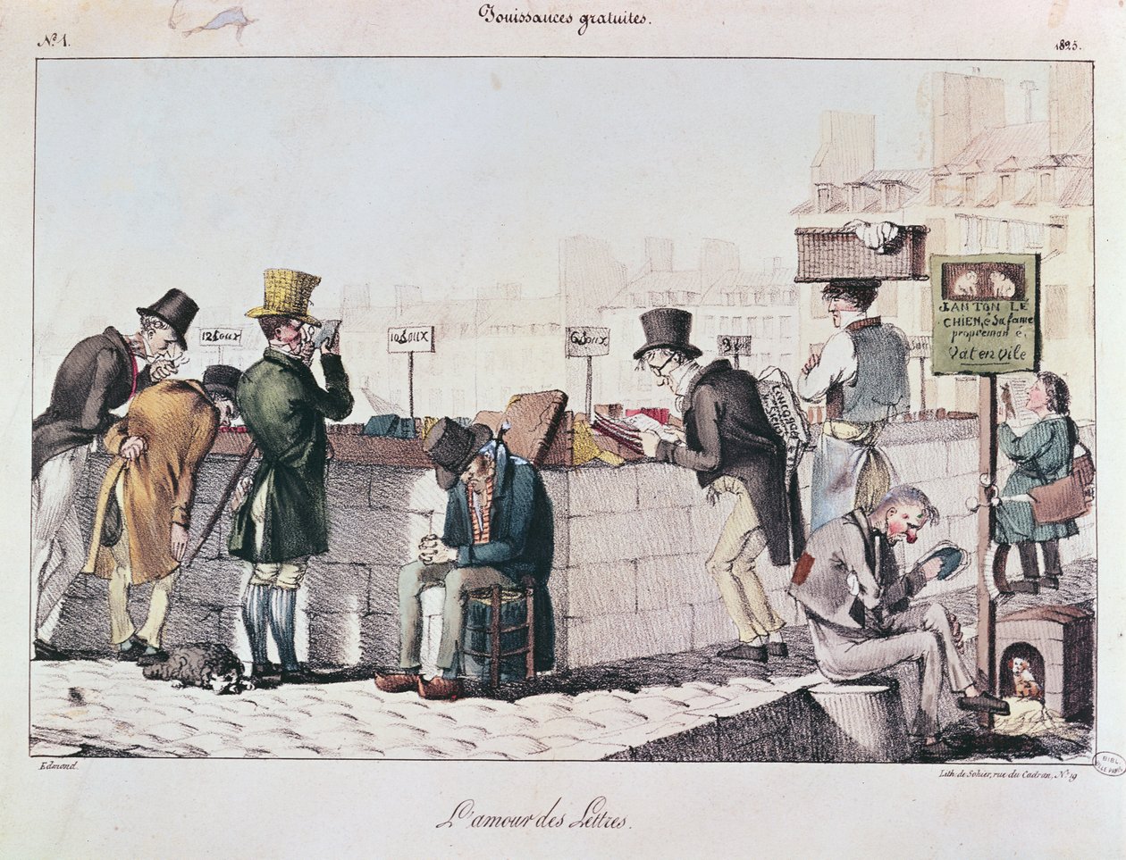 Bouquinistes Seine-joen rannalla Pariisissa, 1800-luvun alku tekijältä French School