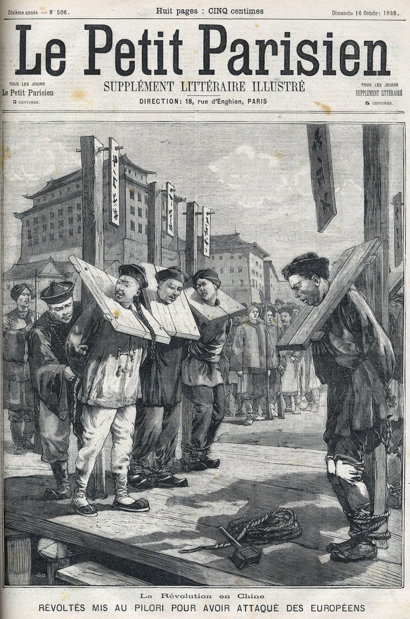 Nyrkkeilijöiden kapina Kiinassa vuonna 1898: Kapinat olivat pilaa eurooppalaisten hyökkäämiselle. "" Le petit parisien" -kansi vuodelta 1898. tekijältä French School