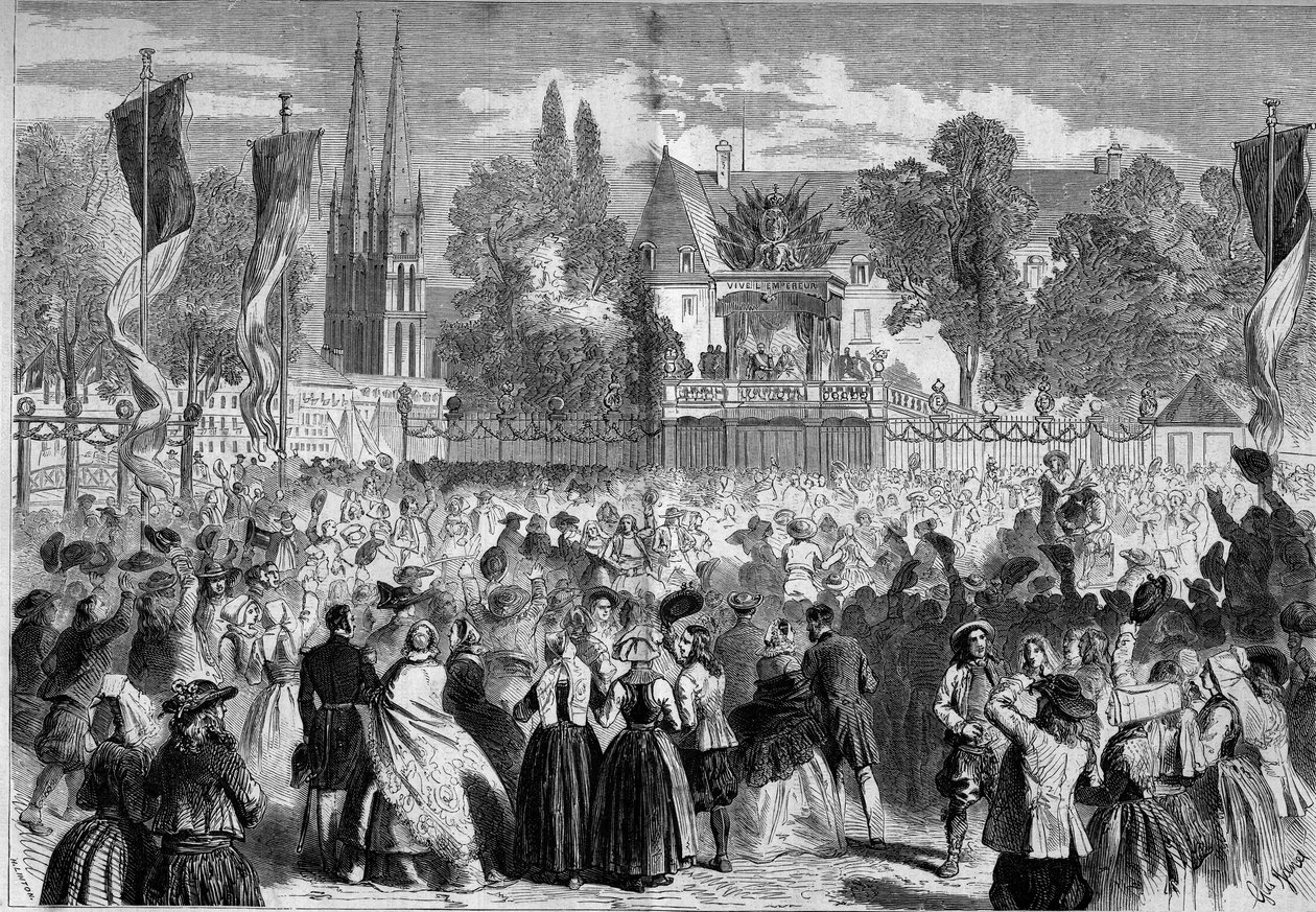 Breton Ball taistelukentällä Quimperissa (Finistere, 29) Napoleon III:n (1808-1873) ja Impress Eugenien (1826-1920) läsnä ollessa. Kaiverrus "" Le Monde Illustré" -julkaisussa nro 72, 28. elokuuta tekijältä French School