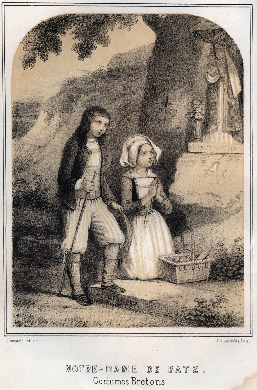 Breton Costumes - Notre-Dame de Batz - kaiverrus MORING MICHELIN SOURIES OF MY CLE MEMORIES AND TRAVEL RECITTS -kirjoitukseen - 1800-luvun loppu tekijältä French School