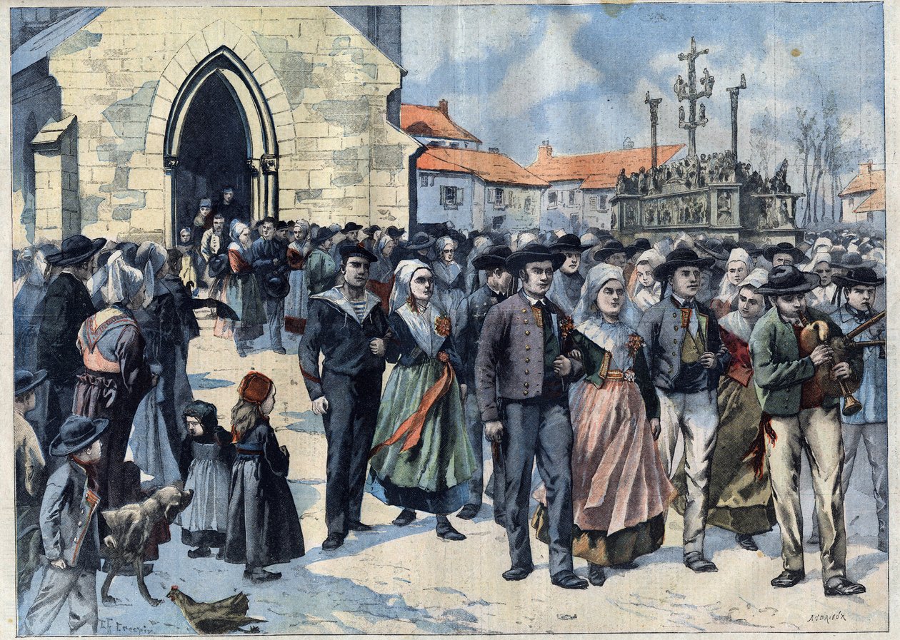 Bretonin tapa: Perinteinen avioliitto Plougastelissa (Finistere, Bretagne). Avioliitot jättävät kirkon. Kaiverrus "" Le Petro Parisien"" tekijältä French School