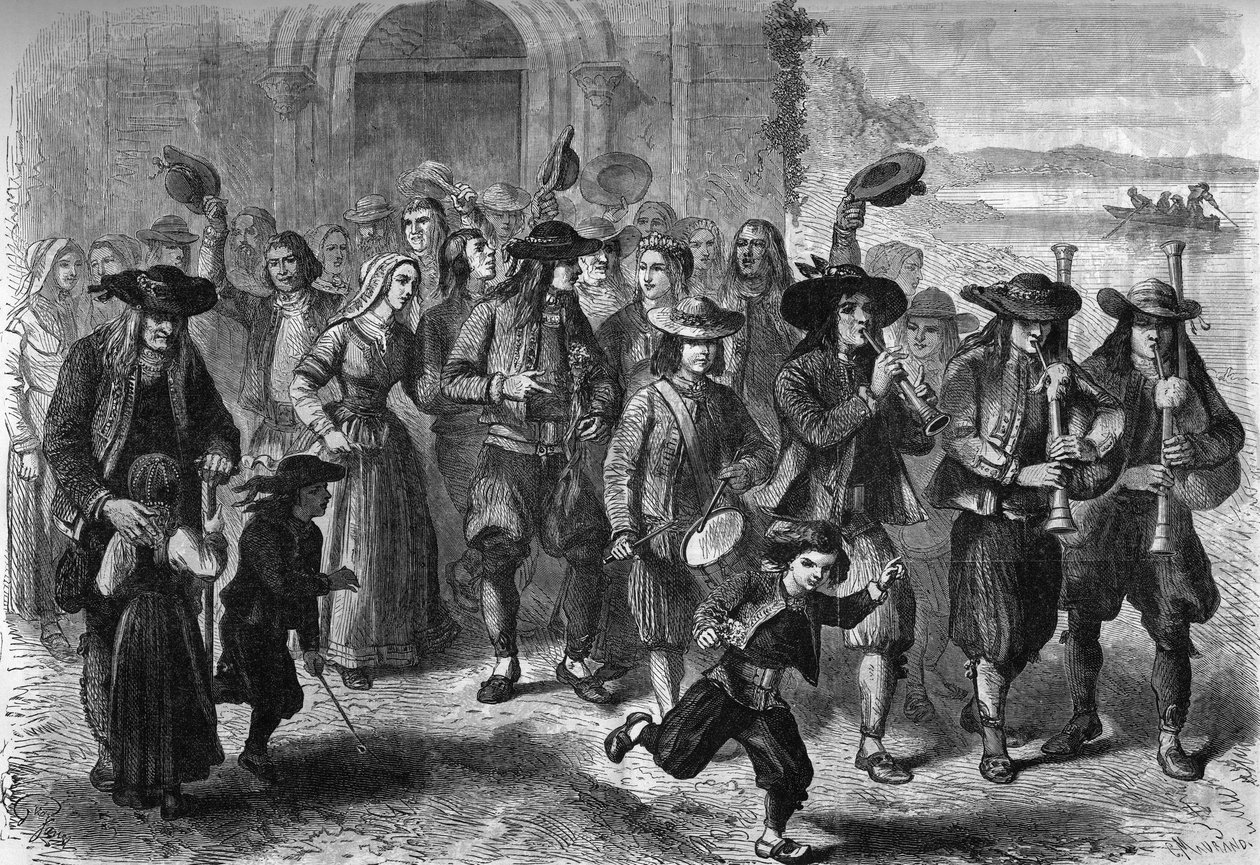 Breton tapa: pari nuorta avioliittoa kirkon uloskäynnissä. Kortegen yläosassa ovat binioun ja rummun soittajat. Treguennec, Finistere (29) tekijältä French School
