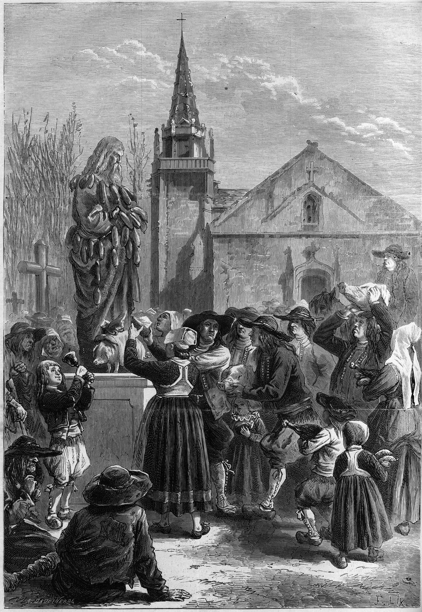 Bretonin tapa: "festar goadgennon" tai "fete des boudins". Kylän asukkaat peittävät sukilla Pyhän Antonius Suuren (tai Pyhän Antonius Erakon tai Pyhän Antonius Abben) patsaan. Jotkut viljelijät tuovat sian pään. Kaiverrus "" Le Mon tekijältä French School