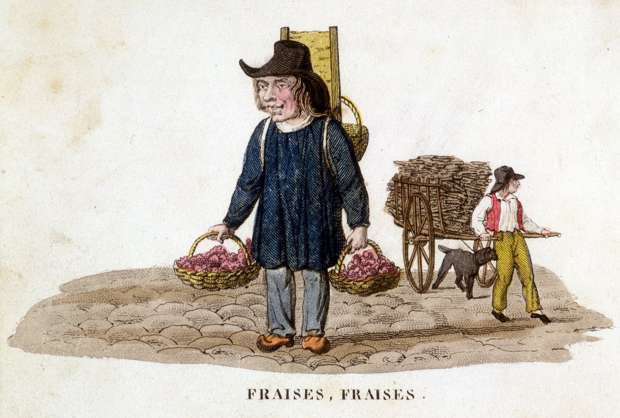 Breton mansikoiden myyjä - kaiverrus, deb. 1800-luvulla tekijältä French School