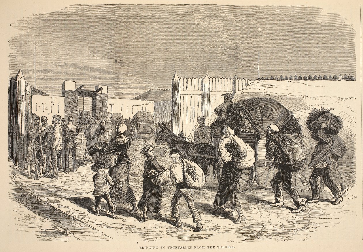 Vihannesten tuominen lähiöistä, kuva Cassellsista Ranskan ja Saksan välisen sodan historia, 1870-1871 tekijältä French School