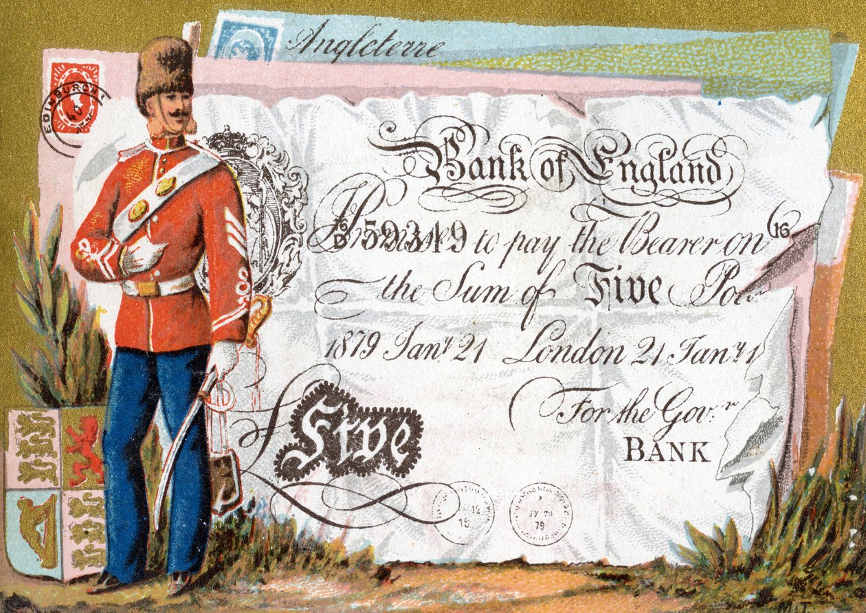 Brittiarmeijan sotilas vartioi Bank of Englandin viiden punnan seteliä, 1886-95 tekijältä French School