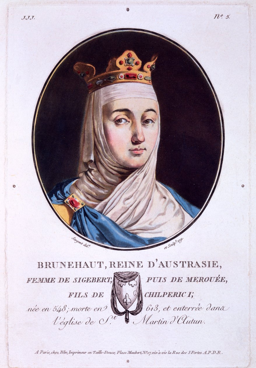 Brunhilda, Austrasian kuningatar, teoksesta Muotokuvia suurista miehistä, maineikkaista naisista ja ikimuistoisista Ranskan kohteista, julkaistu 1787-92 tekijältä French School