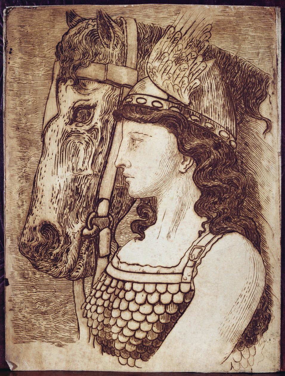 Brunnhilde, kuvitus Richard Wagnerin (1813-83) teokseen Die Walkure (kaiverrus) tekijältä French School