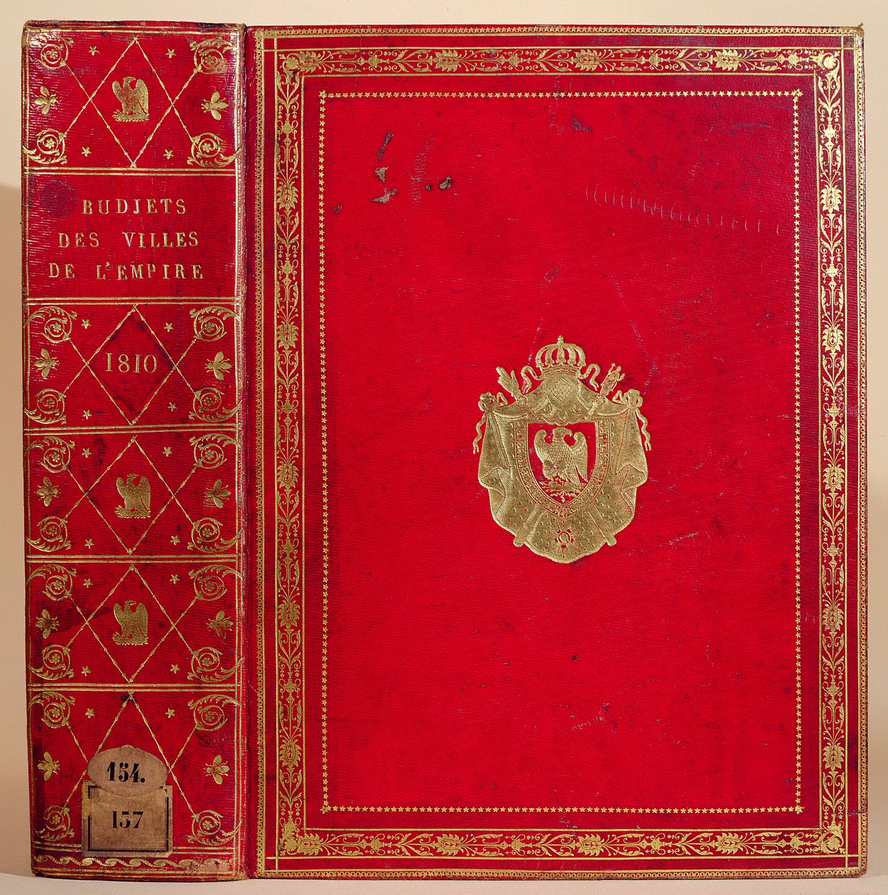 Ranskan valtakunnan kaupunkien budjetit, sidottu Napoleon Bonaparten (1769-1821) vaakunaan 1810 (punainen marokkolainen nahka ja kulta) (katso myös 165117) tekijältä French School