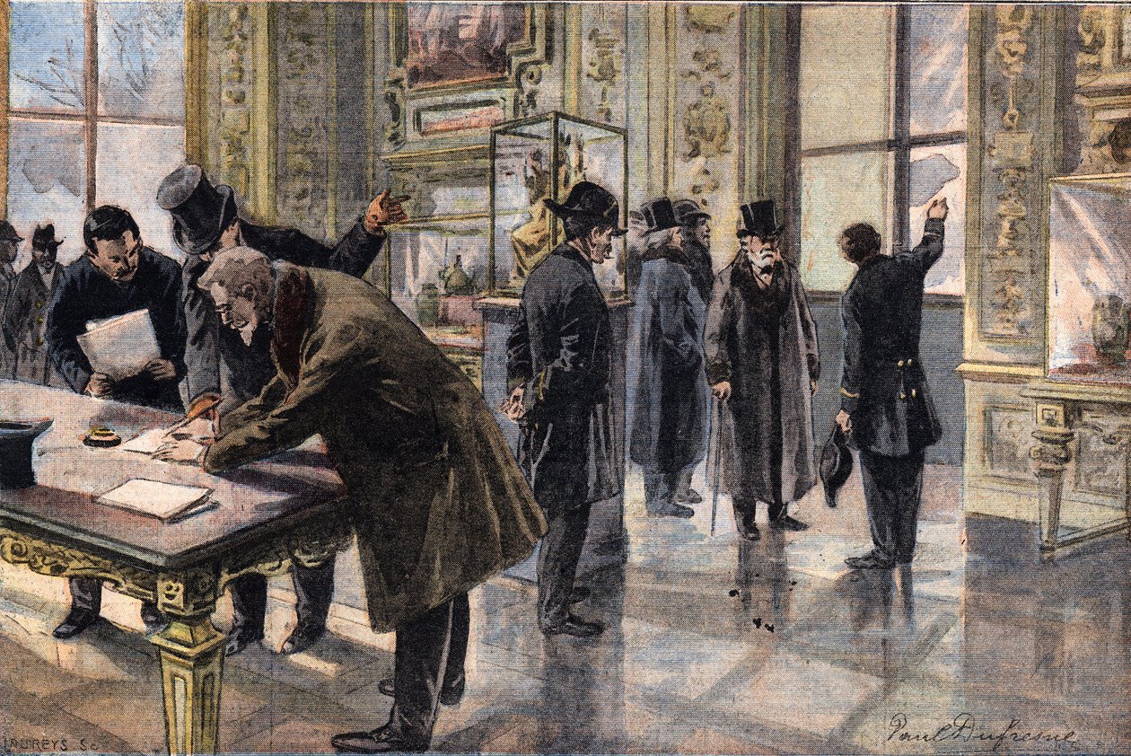 Murtoyritys Louvren museoon Pariisissa, kuvitus ranskalaisesta Le Petit Parisien -lehdestä, 2. helmikuuta tekijältä French School